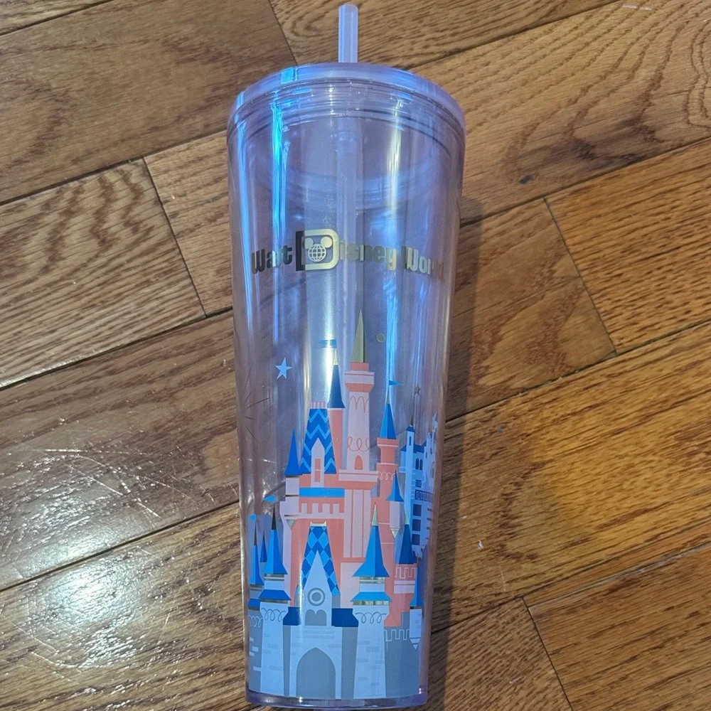 Starbucks Clear Pink Tumbler with Gold Logo and Castle Accent